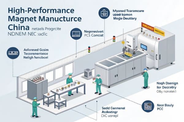 An array of custom-shaped NdFeB magnets with different coatings like nickel and black epoxy