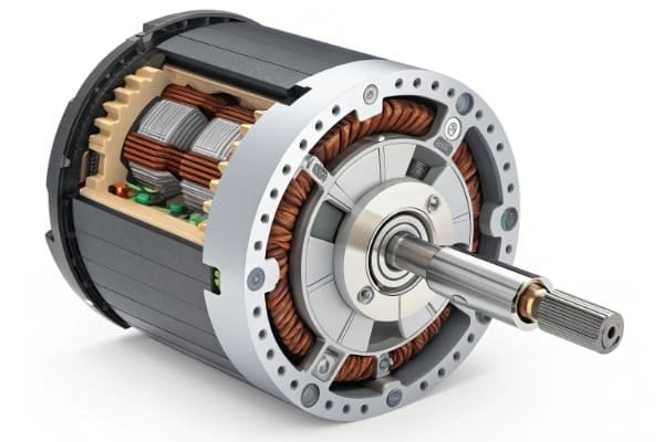 A cutaway view of a high-performance BLDC motor showing the placement of NdFeB arc magnets on the rotor.