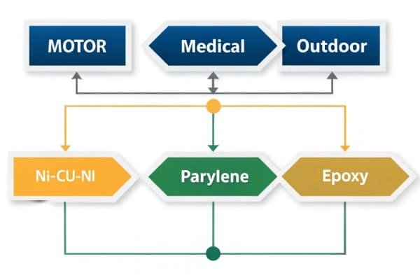 A decision chart showing different applications (motor, medical, outdoor) pointing to different coating types (Ni-Cu-Ni, Parylene, Epoxy).