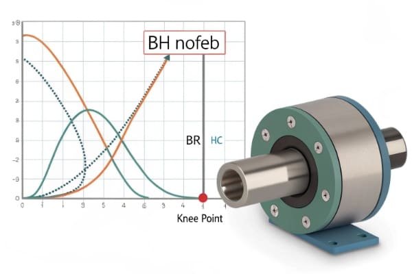 A BH demagnetization curve showing the Load Line (Pc), the Operating Point, and the 'knee' of the curve at different temperatures.
