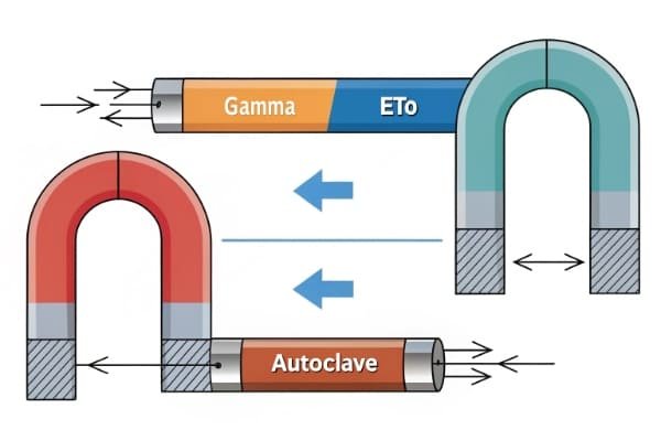 A diagram illustrating the effects of different sterilization methods (Gamma, EtO, Autoclave) on a magnet's coating and magnetic field.