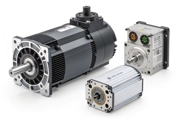 A gallery of different motors: a compact BLDC motor, a precision servo motor, and a large EV traction motor.