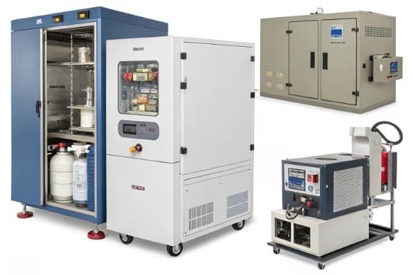 A montage of different reliability tests: a humidity chamber, a thermal shock chamber, and a salt spray tester.