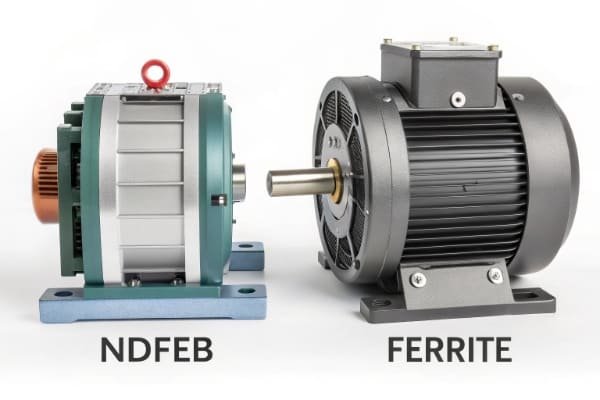 A side-by-side comparison diagram showing a compact NdFeB motor next to a larger, bulkier ferrite motor with the same power output.