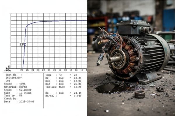 A BH curve graph showing the "knee" shifting with increasing temperature, causing the operating point to fall into the irreversible loss region.
