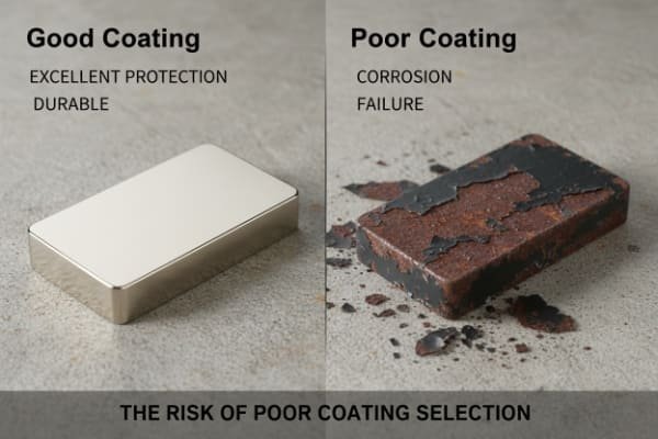 Close-up of an epoxy-coated magnet next to a corroded nickel-coated magnet.