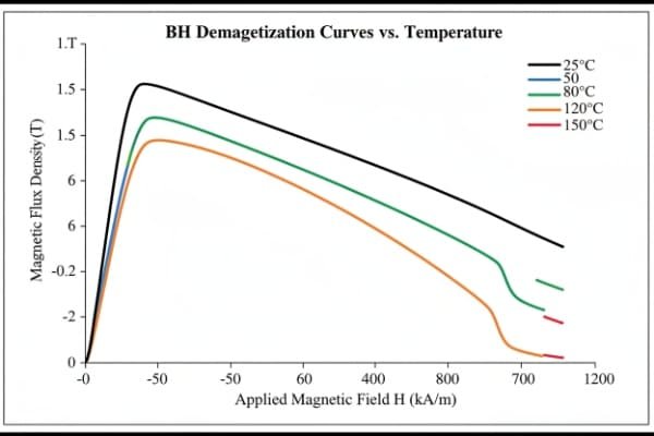 A graph showing the BH Demagnetization Curve of a magnet at different temperatures, with a clear "knee" forming at higher heat.