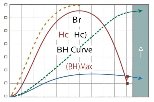 A graph showing the demagnetization curves of different NdFeB magnet grades at high temperatures.