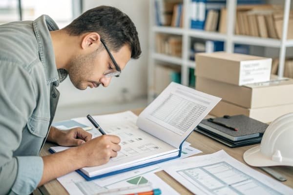 An engineer reviewing a PPAP documentation package with control plans and measurement reports.