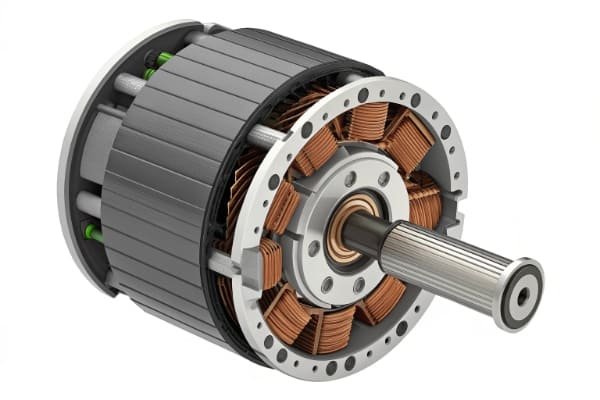 An exploded view of a high-performance BLDC motor showing the arc-shaped rotor magnets and a retaining sleeve.