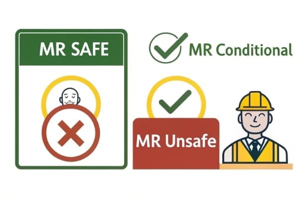An illustration of the MR Safety labels: MR Safe, MR Conditional, and MR Unsafe, with icons representing each.