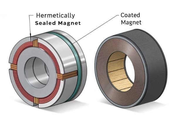 An illustration showing a cross-section of a hermetically sealed magnet next to a coated magnet, highlighting the different layers of protection.