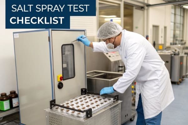 An image of a lab technician placing a magnet into a salt spray test chamber, with a checklist overlay.