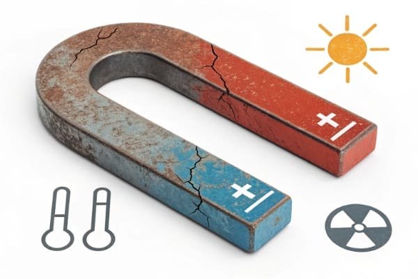 An image showing a cracked magnet, a corroded magnet, and a temperature warning symbol to represent the three main failure modes.