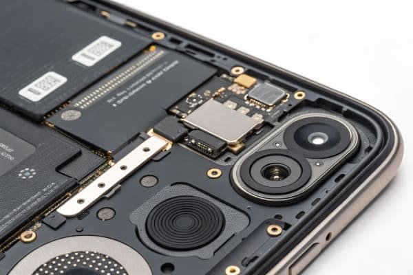 Close-up of a smartphone's internal components, highlighting the speaker, camera VCM, and vibration motor magnets.