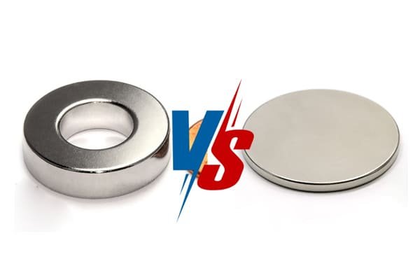 An image comparing a thick block magnet and a thin disc magnet of the same grade, with a warning icon on the thin disc.