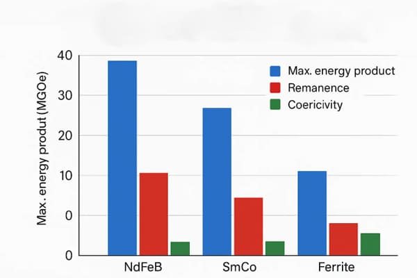 A side-by-side comparison table of NdFeB, SmCo, and Ferrite magnets.