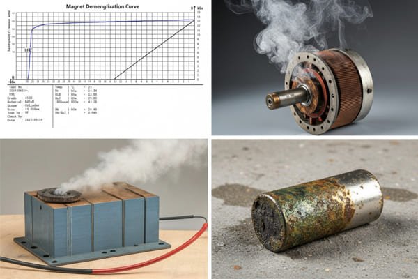 A collage showing a magnet demagnetization curve, a hot motor, and a corroded magnet, representing real-world failure modes.